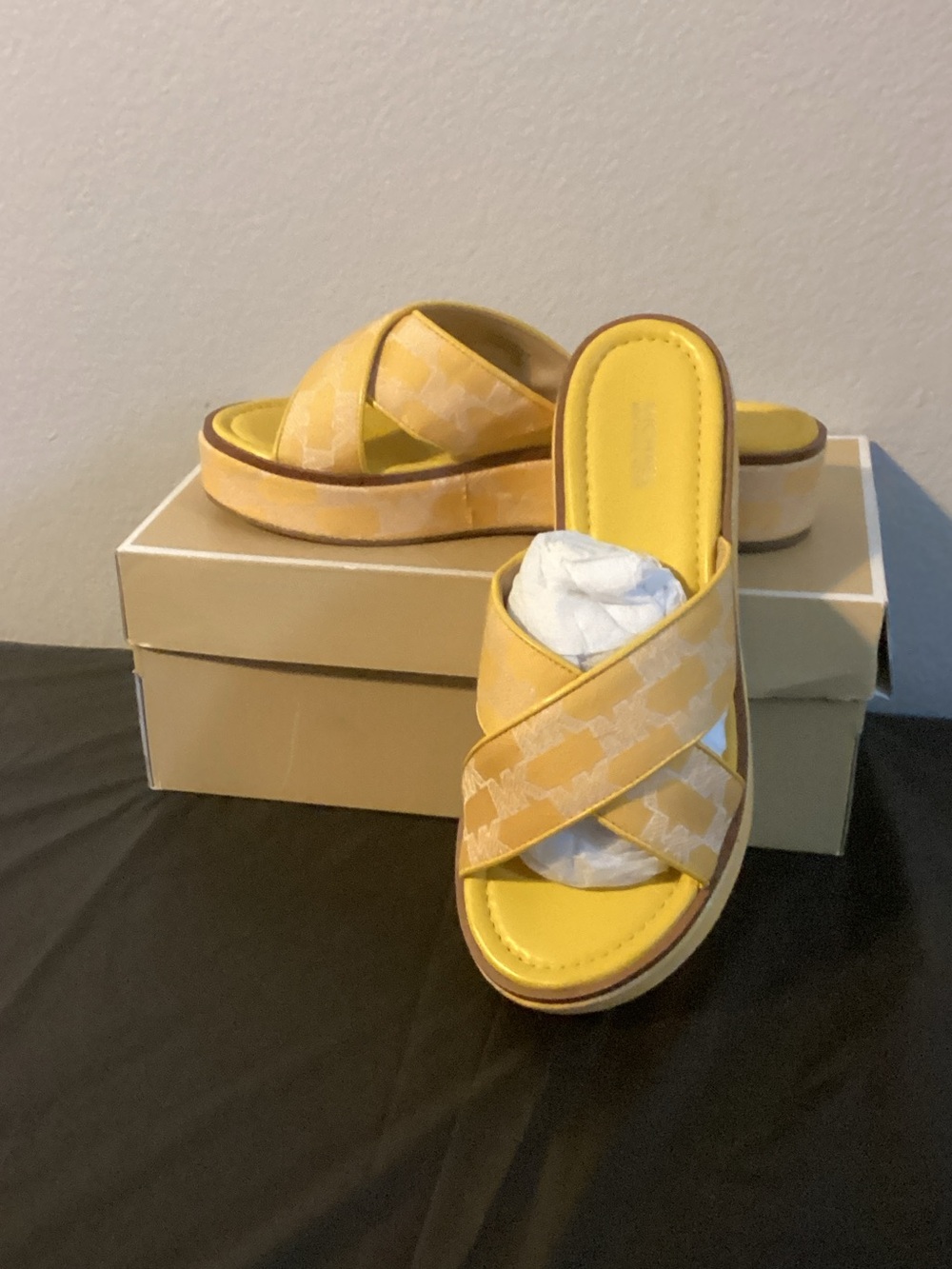 MICHAEL Michael Kors Yellow Crisscross Platform Slide Sandals